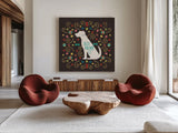 Otomi Dogs III Dark by Veronique Charron. Shown as extra-large giant wall art in a modern living room. Available as an archival giclee rolled canvas, fine art paper, or poster print. SKU 44035a.