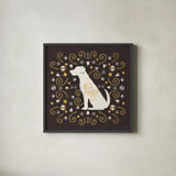 Otomi Dogs III Dark Neutral by Veronique Charron. Shown in a sleek black glass frame for a contemporary gallery look. Available as an archival giclee rolled canvas, fine art paper, or poster print. SKU 44041a.