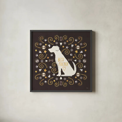 Otomi Dogs III Dark Neutral by Veronique Charron. Shown in a sleek black glass frame for a contemporary gallery look. Available as an archival giclee rolled canvas, fine art paper, or poster print. SKU 44041a.