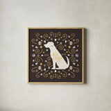 Otomi Dogs III Dark Neutral by Veronique Charron. Shown in a natural wood glass frame for a timeless modern aesthetic. Available as an archival giclee rolled canvas, fine art paper, or poster print. SKU 44041a.