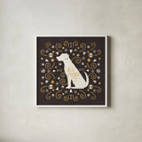 Otomi Dogs III Dark Neutral by Veronique Charron. Shown in a crisp white glass frame for a clean and minimalist style. Available as an archival giclee rolled canvas, fine art paper, or poster print. SKU 44041a.