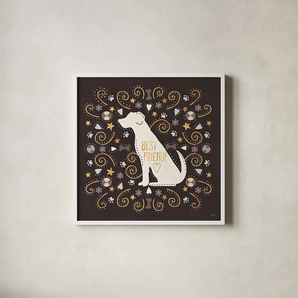 Otomi Dogs III Dark Neutral by Veronique Charron. Shown in a crisp white glass frame for a clean and minimalist style. Available as an archival giclee rolled canvas, fine art paper, or poster print. SKU 44041a.