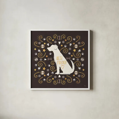 Otomi Dogs III Dark Neutral by Veronique Charron. Shown in a crisp white glass frame for a clean and minimalist style. Available as an archival giclee rolled canvas, fine art paper, or poster print. SKU 44041a.