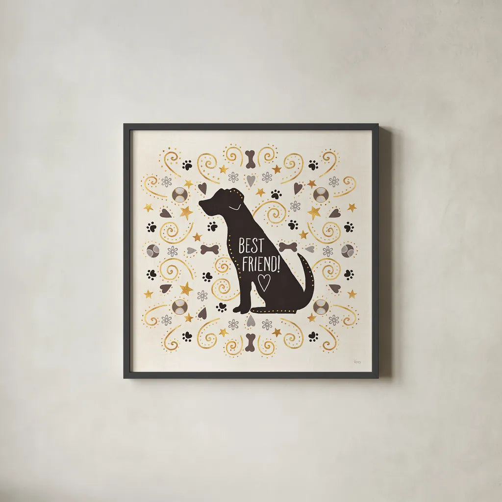 Otomi Dogs III Neutral by Veronique Charron. Shown in a sleek black glass frame for a contemporary gallery look. Available as an archival giclee rolled canvas, fine art paper, or poster print. SKU 44047a.