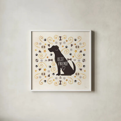 Otomi Dogs III Neutral by Veronique Charron. Shown in a crisp white glass frame for a clean and minimalist style. Available as an archival giclee rolled canvas, fine art paper, or poster print. SKU 44047a.
