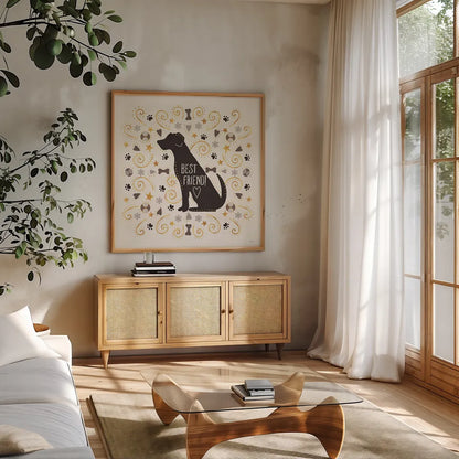 Otomi Dogs III Neutral by Veronique Charron. Shown in a natural wood frame in a cozy modern living room. Available as an archival giclee rolled canvas, fine art paper, or poster print. SKU 44047a.