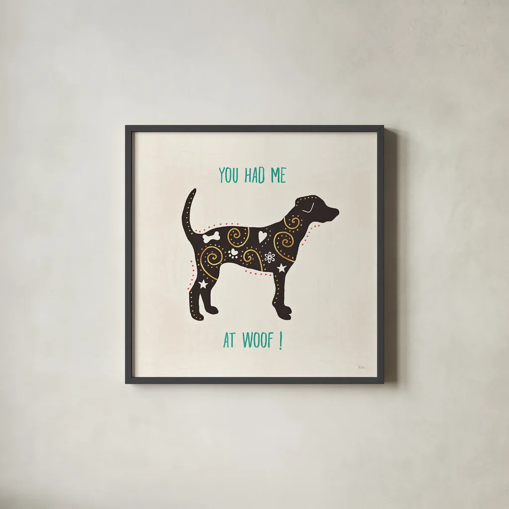 Otomi Dogs IV by Veronique Charron. Shown in a sleek black glass frame for a contemporary gallery look. Available as an archival giclee rolled canvas, fine art paper, or poster print. SKU 44030a.