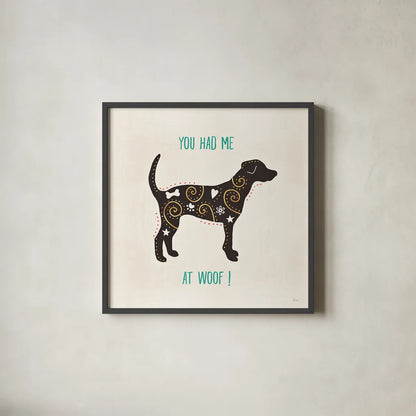 Otomi Dogs IV by Veronique Charron. Shown in a sleek black glass frame for a contemporary gallery look. Available as an archival giclee rolled canvas, fine art paper, or poster print. SKU 44030a.