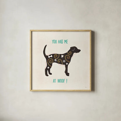 Otomi Dogs IV by Veronique Charron. Shown in a natural wood glass frame for a timeless modern aesthetic. Available as an archival giclee rolled canvas, fine art paper, or poster print. SKU 44030a.