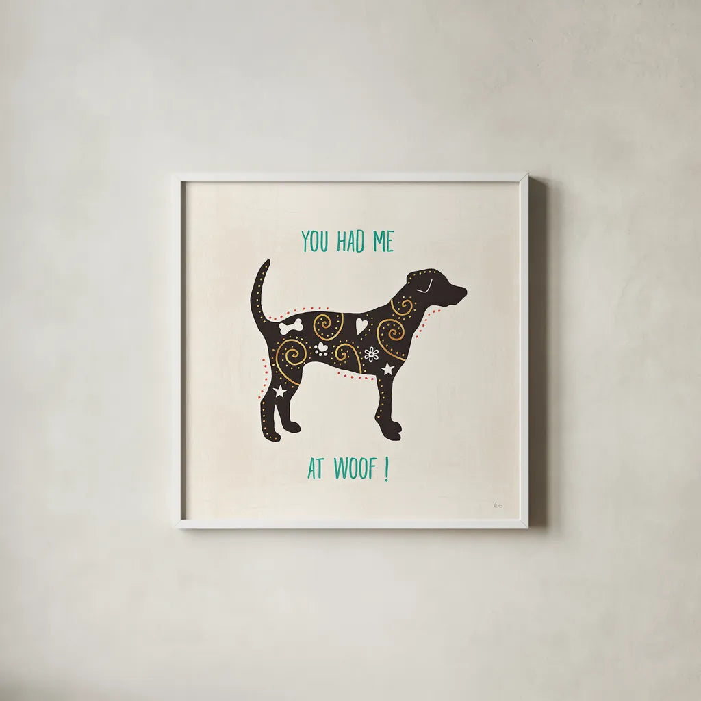 Otomi Dogs IV by Veronique Charron. Shown in a crisp white glass frame for a clean and minimalist style. Available as an archival giclee rolled canvas, fine art paper, or poster print. SKU 44030a.