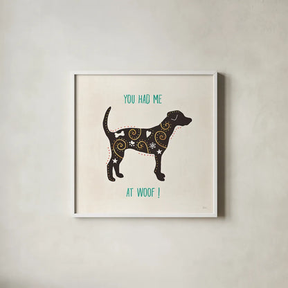 Otomi Dogs IV by Veronique Charron. Shown in a crisp white glass frame for a clean and minimalist style. Available as an archival giclee rolled canvas, fine art paper, or poster print. SKU 44030a.