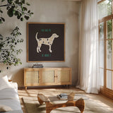 Otomi Dogs IV Dark by Veronique Charron. Shown in a natural wood frame in a cozy modern living room. Available as an archival giclee rolled canvas, fine art paper, or poster print. SKU 44036a.