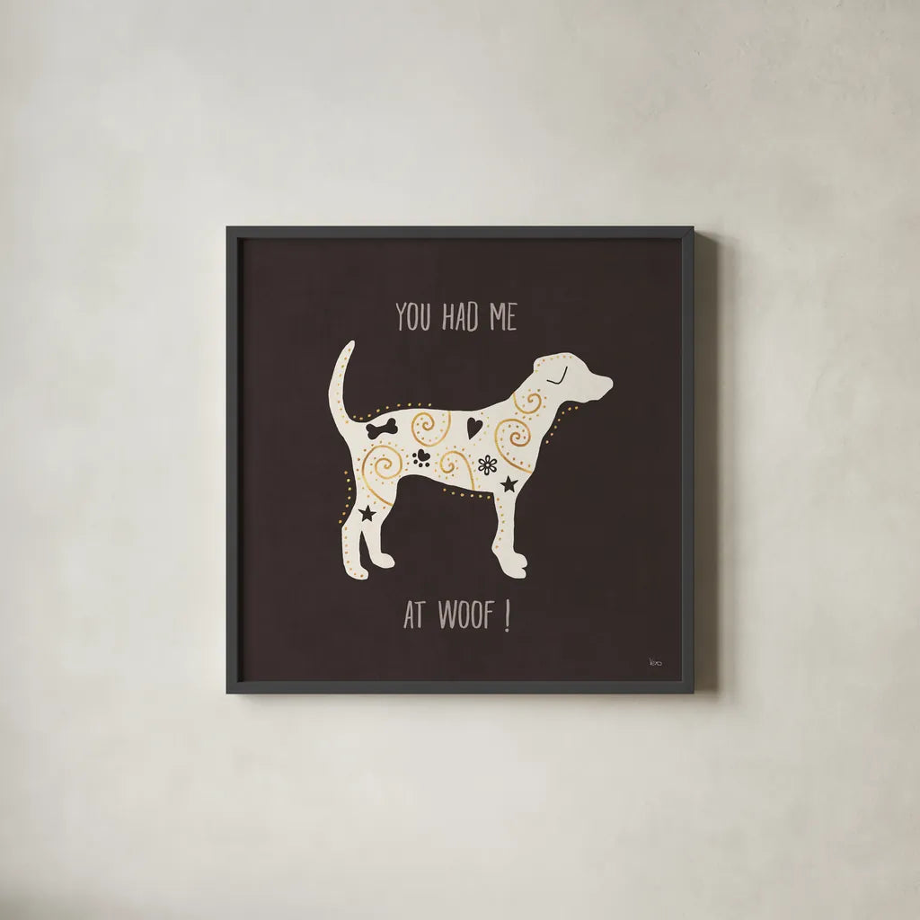 Otomi Dogs IV Dark Neutral by Veronique Charron. Shown in a sleek black glass frame for a contemporary gallery look. Available as an archival giclee rolled canvas, fine art paper, or poster print. SKU 44042a.