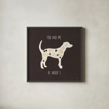 Otomi Dogs IV Dark Neutral by Veronique Charron. Shown in a sleek black glass frame for a contemporary gallery look. Available as an archival giclee rolled canvas, fine art paper, or poster print. SKU 44042a.