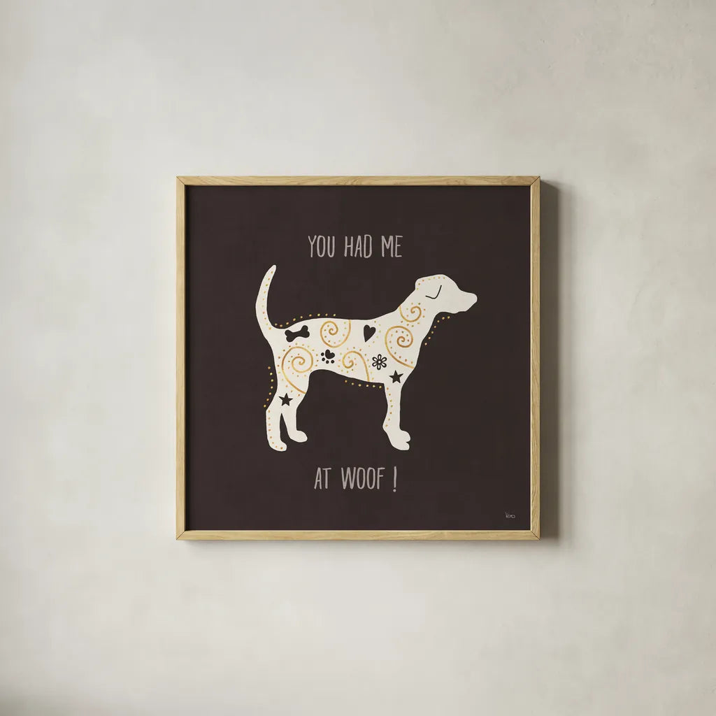 Otomi Dogs IV Dark Neutral by Veronique Charron. Shown in a natural wood glass frame for a timeless modern aesthetic. Available as an archival giclee rolled canvas, fine art paper, or poster print. SKU 44042a.