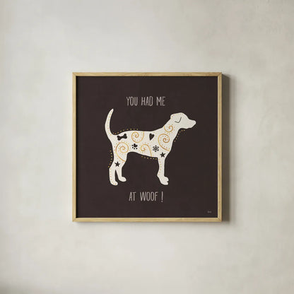 Otomi Dogs IV Dark Neutral by Veronique Charron. Shown in a natural wood glass frame for a timeless modern aesthetic. Available as an archival giclee rolled canvas, fine art paper, or poster print. SKU 44042a.