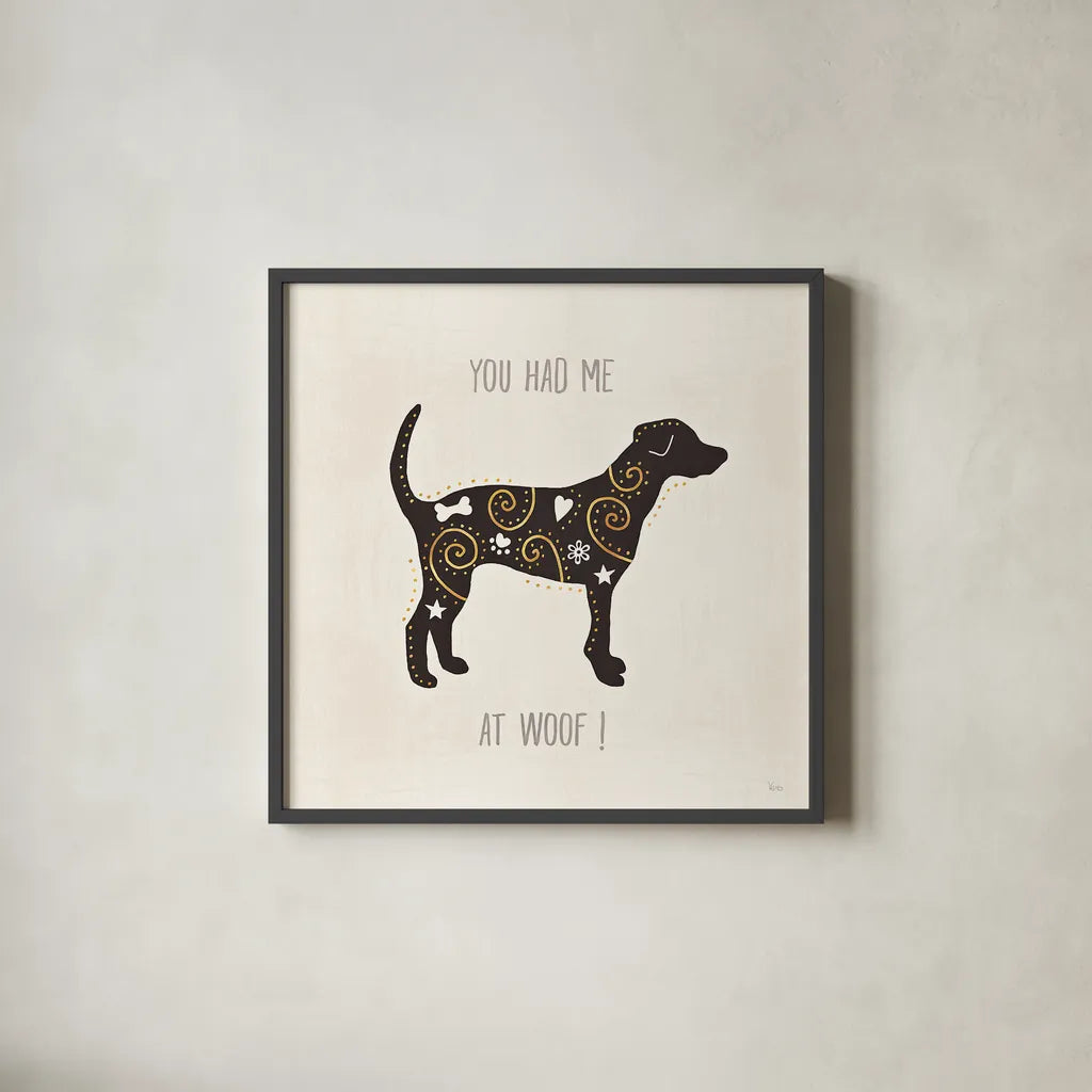 Otomi Dogs IV Neutral by Veronique Charron. Shown in a sleek black glass frame for a contemporary gallery look. Available as an archival giclee rolled canvas, fine art paper, or poster print. SKU 44048a.