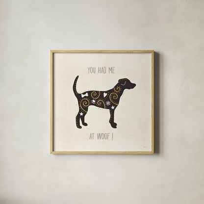 Otomi Dogs IV Neutral by Veronique Charron. Shown in a natural wood glass frame for a timeless modern aesthetic. Available as an archival giclee rolled canvas, fine art paper, or poster print. SKU 44048a.