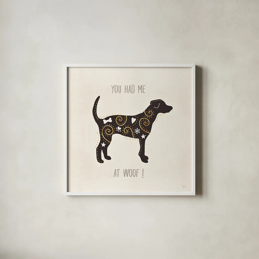 Otomi Dogs IV Neutral by Veronique Charron. Shown in a crisp white glass frame for a clean and minimalist style. Available as an archival giclee rolled canvas, fine art paper, or poster print. SKU 44048a.