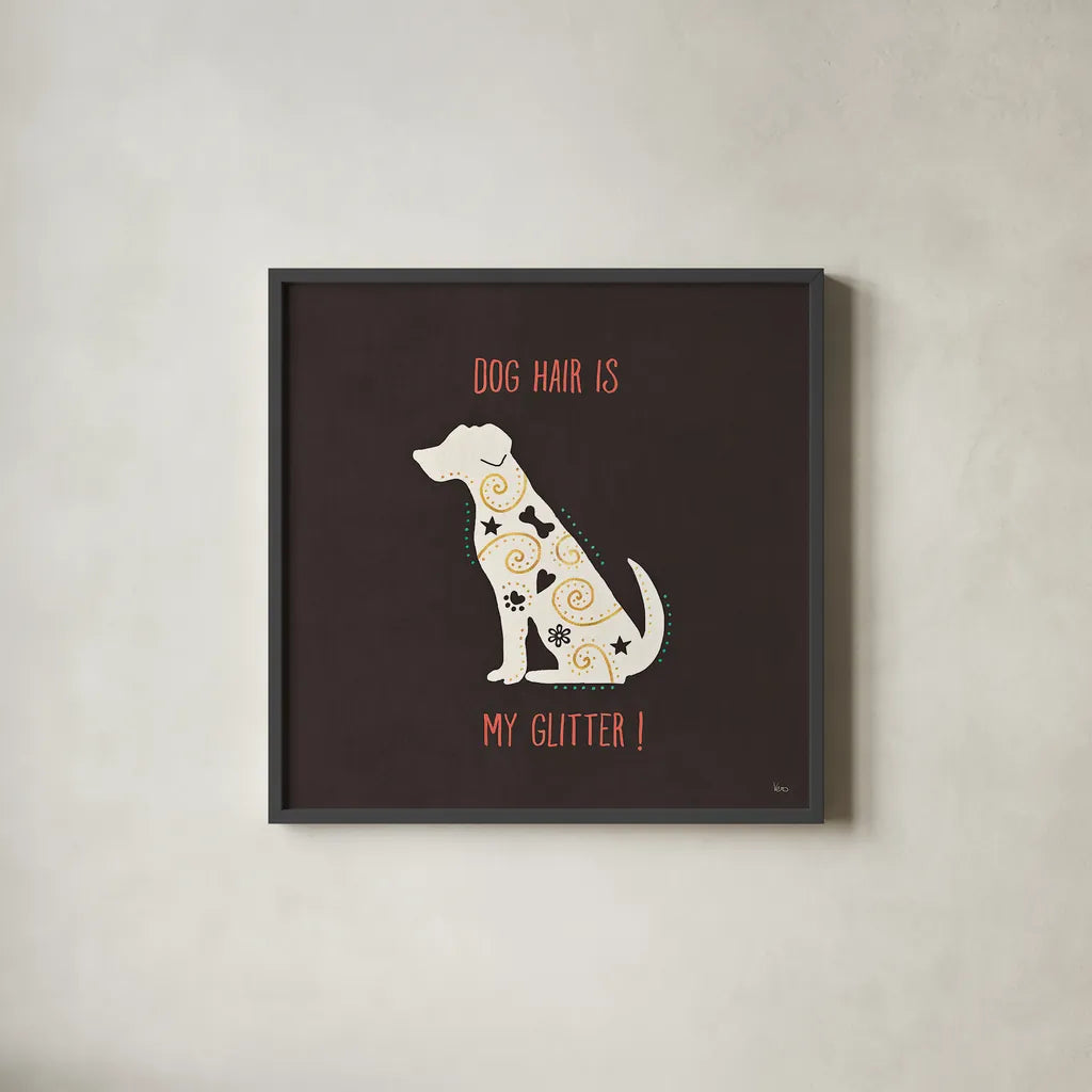 Otomi Dogs V Dark by Veronique Charron. Shown in a sleek black glass frame for a contemporary gallery look. Available as an archival giclee rolled canvas, fine art paper, or poster print. SKU 44037a.