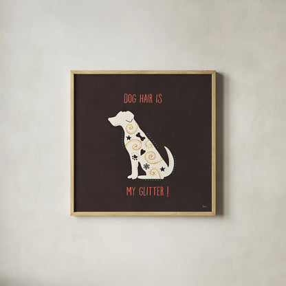 Otomi Dogs V Dark by Veronique Charron. Shown in a natural wood glass frame for a timeless modern aesthetic. Available as an archival giclee rolled canvas, fine art paper, or poster print. SKU 44037a.