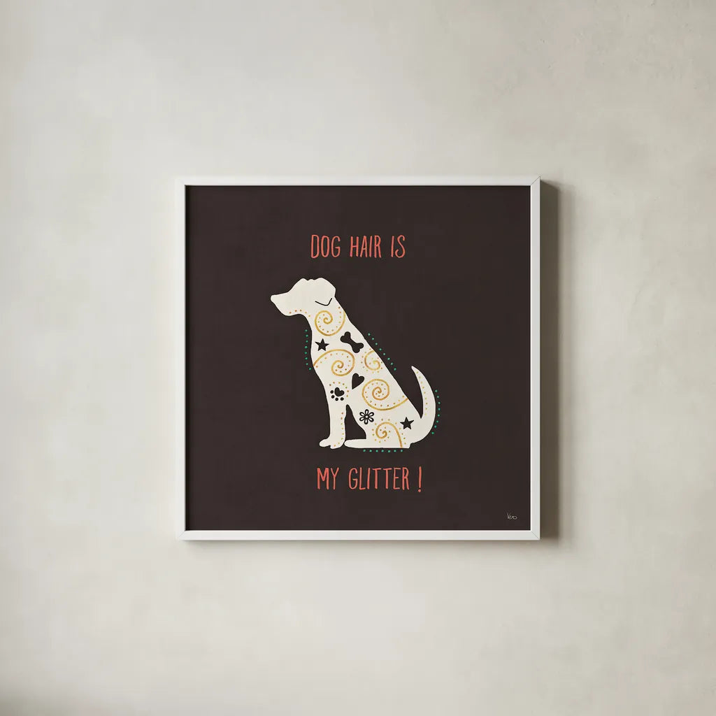 Otomi Dogs V Dark by Veronique Charron. Shown in a crisp white glass frame for a clean and minimalist style. Available as an archival giclee rolled canvas, fine art paper, or poster print. SKU 44037a.