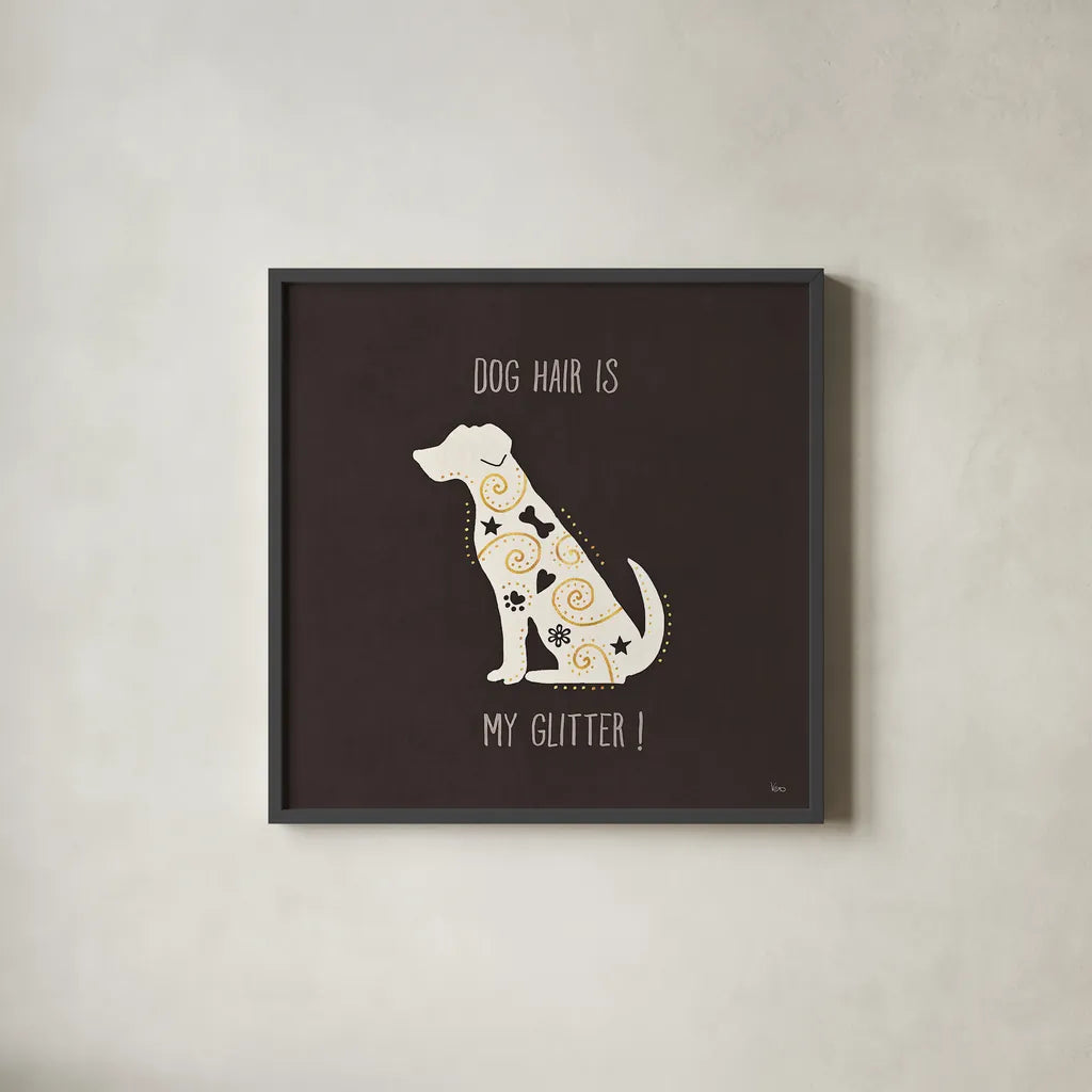 Otomi Dogs V Dark Neutral by Veronique Charron. Shown in a sleek black glass frame for a contemporary gallery look. Available as an archival giclee rolled canvas, fine art paper, or poster print. SKU 44043a.