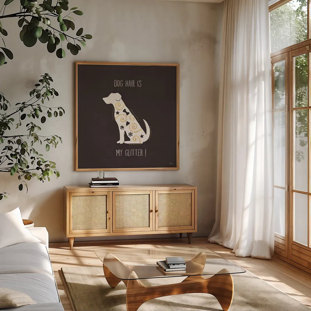 Otomi Dogs V Dark Neutral by Veronique Charron. Shown in a natural wood frame in a cozy modern living room. Available as an archival giclee rolled canvas, fine art paper, or poster print. SKU 44043a.