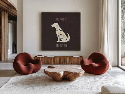 Otomi Dogs V Dark Neutral by Veronique Charron. Shown as extra-large giant wall art in a modern living room. Available as an archival giclee rolled canvas, fine art paper, or poster print. SKU 44043a.