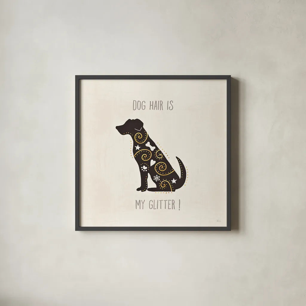 Otomi Dogs V Neutral by Veronique Charron. Shown in a sleek black glass frame for a contemporary gallery look. Available as an archival giclee rolled canvas, fine art paper, or poster print. SKU 44049a.