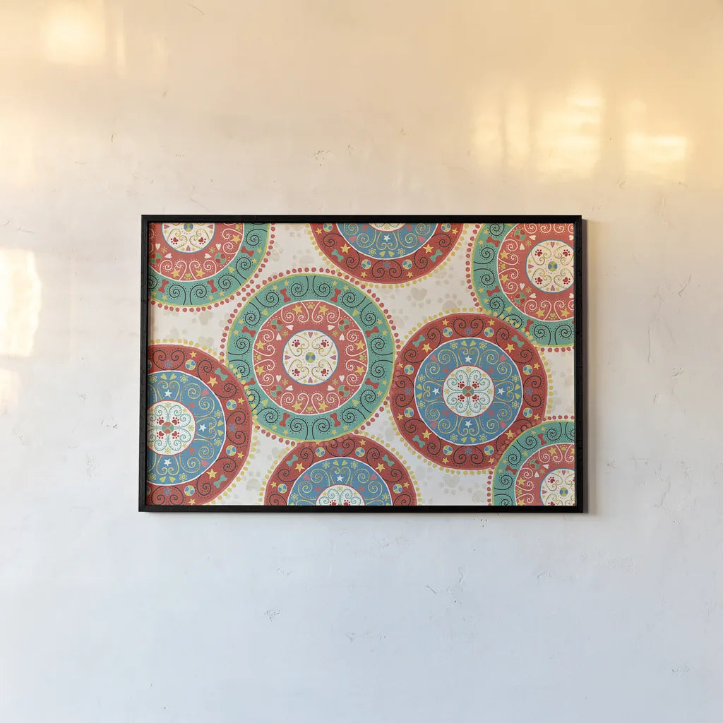 Otomi Dogs VI by Veronique Charron. shown as a paper print in a black flame. Available as a archival giclee rolled canvas, fine art paper, or poster print. SKU 44032i.