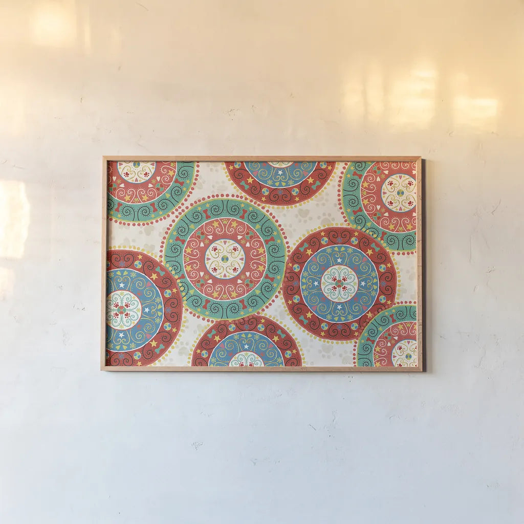 Otomi Dogs VI by Veronique Charron. shown as a paper print in a natural frame. Available as a archival giclee rolled canvas, fine art paper, or poster print. SKU 44032i.