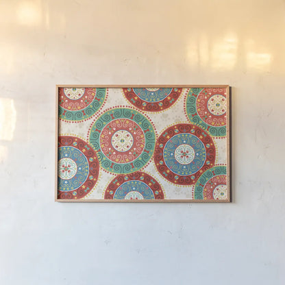 Otomi Dogs VI by Veronique Charron. shown as a paper print in a natural frame. Available as a archival giclee rolled canvas, fine art paper, or poster print. SKU 44032i.