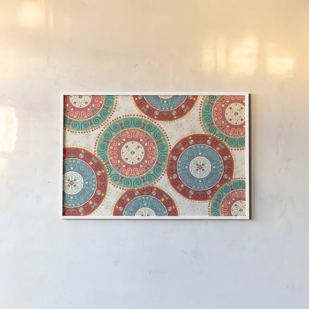 Otomi Dogs VI by Veronique Charron. shown as a paper print in a white frame. Available as a archival giclee rolled canvas, fine art paper, or poster print. SKU 44032i.