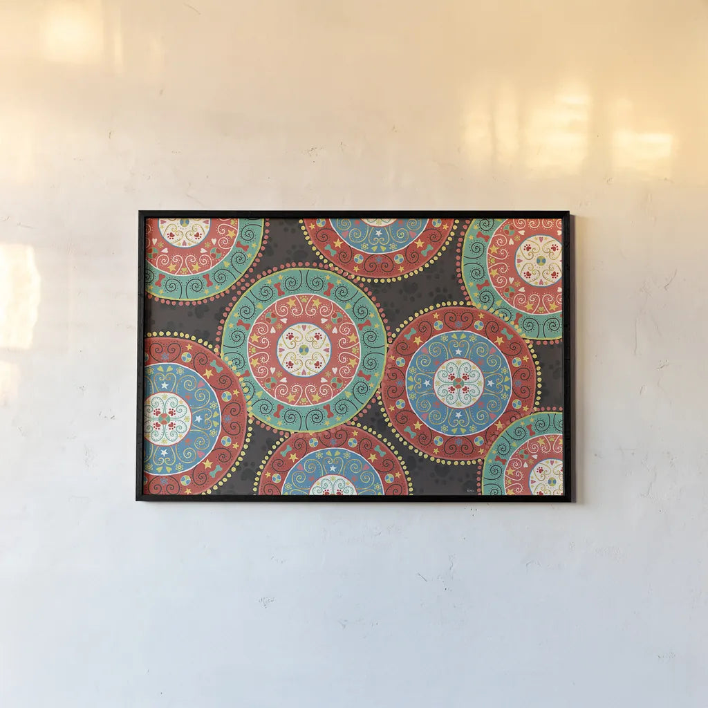 Otomi Dogs VI Dark by Veronique Charron. shown as a paper print in a black flame. Available as a archival giclee rolled canvas, fine art paper, or poster print. SKU 44038i.