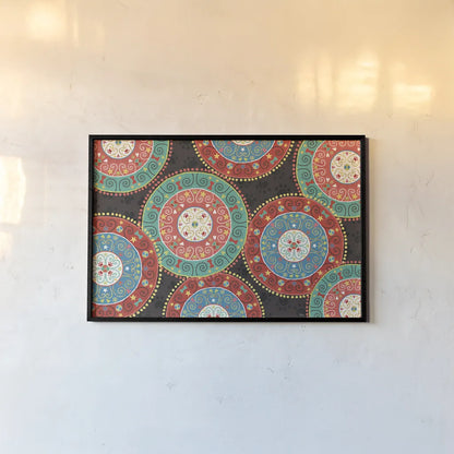 Otomi Dogs VI Dark by Veronique Charron. shown as a paper print in a black flame. Available as a archival giclee rolled canvas, fine art paper, or poster print. SKU 44038i.