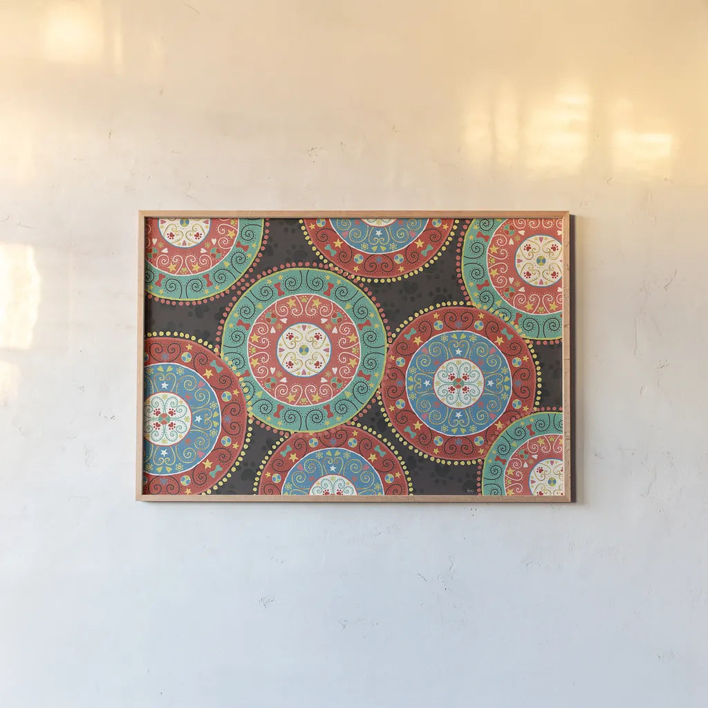 Otomi Dogs VI Dark by Veronique Charron. shown as a paper print in a natural frame. Available as a archival giclee rolled canvas, fine art paper, or poster print. SKU 44038i.