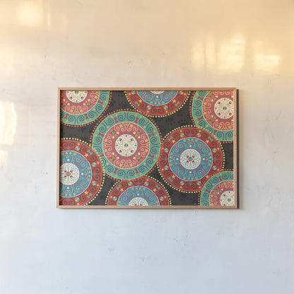 Otomi Dogs VI Dark by Veronique Charron. shown as a paper print in a natural frame. Available as a archival giclee rolled canvas, fine art paper, or poster print. SKU 44038i.