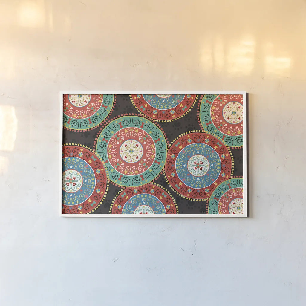 Otomi Dogs VI Dark by Veronique Charron. shown as a paper print in a white frame. Available as a archival giclee rolled canvas, fine art paper, or poster print. SKU 44038i.