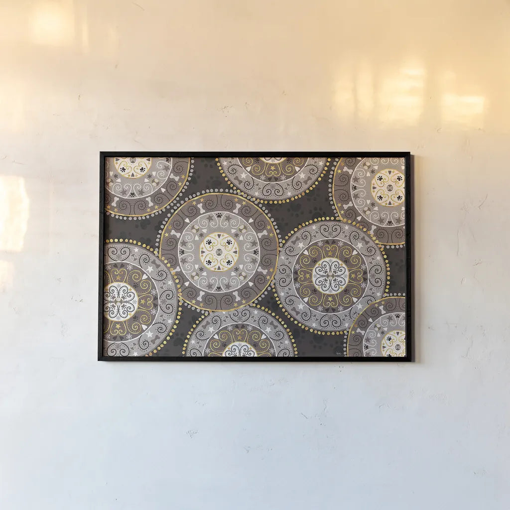 Otomi Dogs VI Dark Neutral by Veronique Charron. shown as a paper print in a black flame. Available as a archival giclee rolled canvas, fine art paper, or poster print. SKU 44044i.