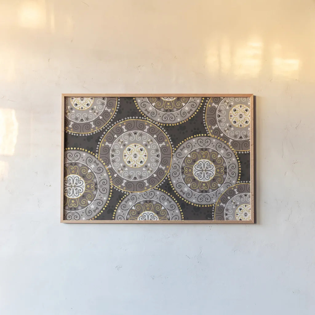 Otomi Dogs VI Dark Neutral by Veronique Charron. shown as a paper print in a natural frame. Available as a archival giclee rolled canvas, fine art paper, or poster print. SKU 44044i.