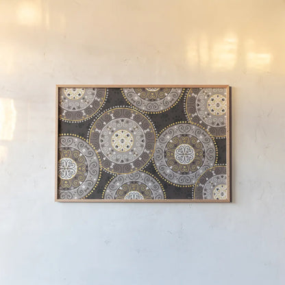 Otomi Dogs VI Dark Neutral by Veronique Charron. shown as a paper print in a natural frame. Available as a archival giclee rolled canvas, fine art paper, or poster print. SKU 44044i.