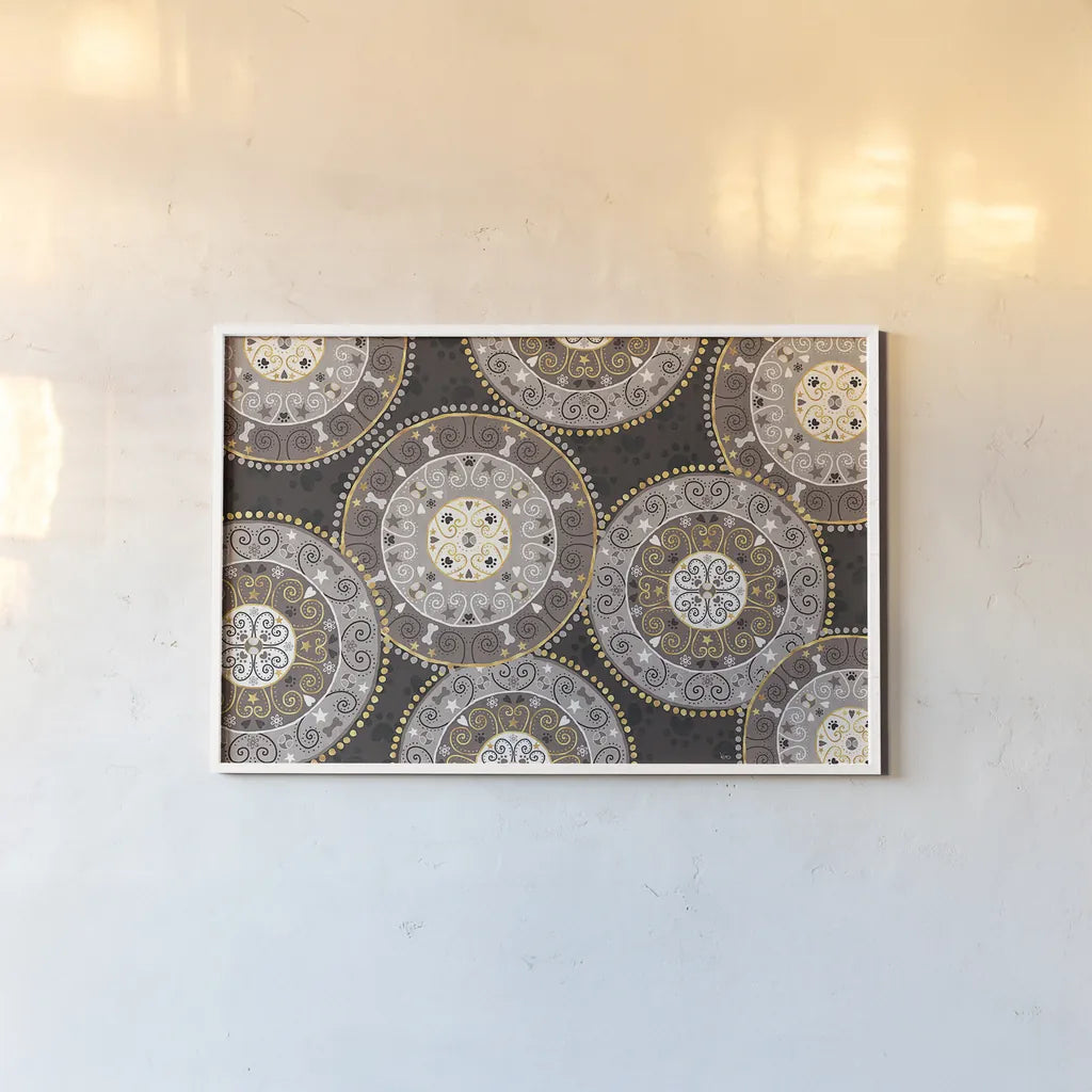 Otomi Dogs VI Dark Neutral by Veronique Charron. shown as a paper print in a white frame. Available as a archival giclee rolled canvas, fine art paper, or poster print. SKU 44044i.