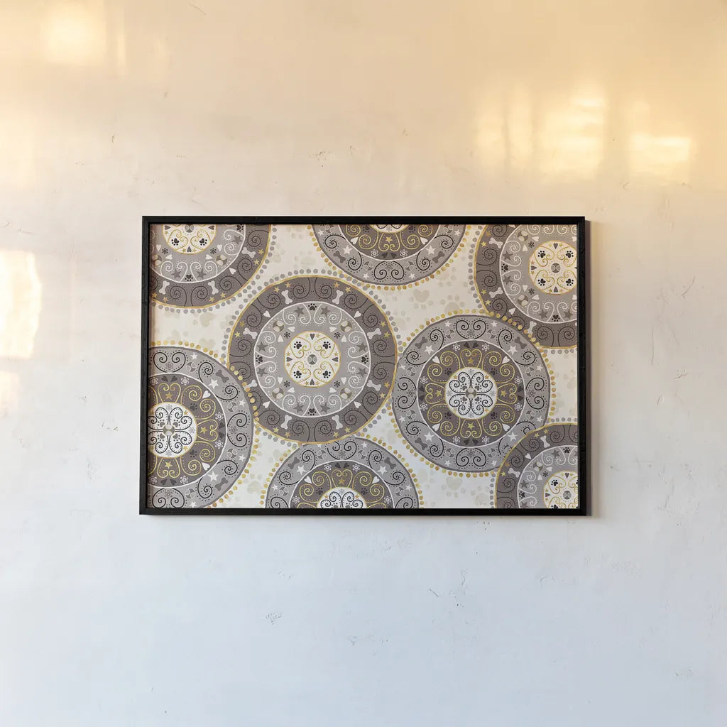 Otomi Dogs VI Neutral by Veronique Charron. shown as a paper print in a black flame. Available as a archival giclee rolled canvas, fine art paper, or poster print. SKU 44050i.