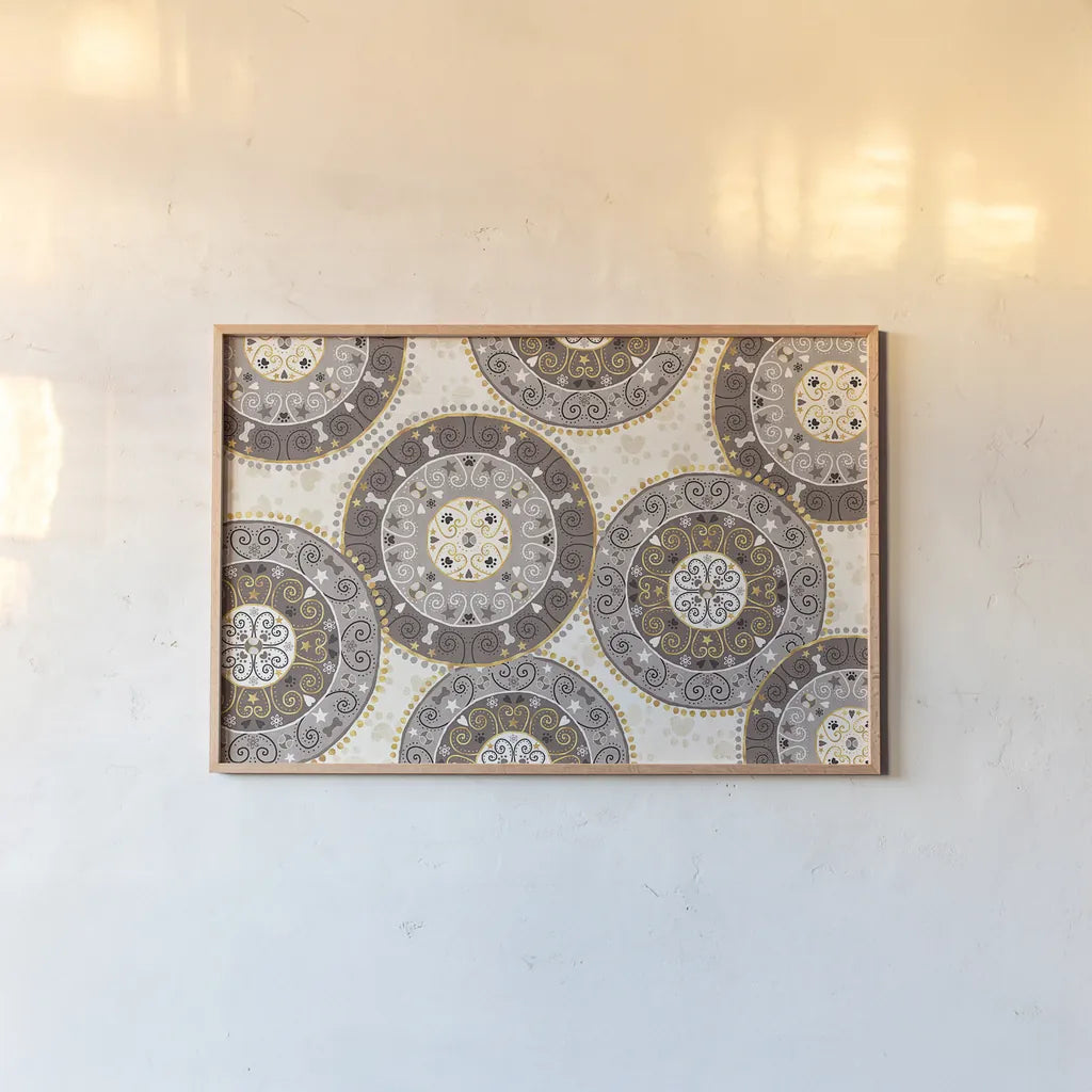 Otomi Dogs VI Neutral by Veronique Charron. shown as a paper print in a natural frame. Available as a archival giclee rolled canvas, fine art paper, or poster print. SKU 44050i.