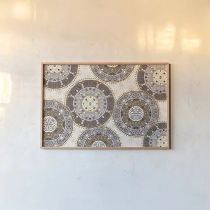 Otomi Dogs VI Neutral by Veronique Charron. shown as a paper print in a natural frame. Available as a archival giclee rolled canvas, fine art paper, or poster print. SKU 44050i.