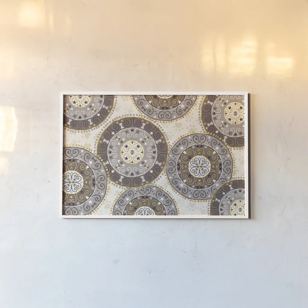 Otomi Dogs VI Neutral by Veronique Charron. shown as a paper print in a white frame. Available as a archival giclee rolled canvas, fine art paper, or poster print. SKU 44050i.