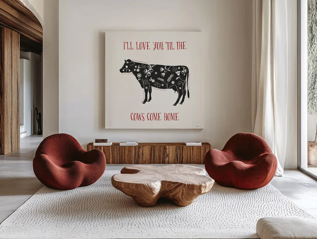 Otomi Farm III by Veronique Charron. Shown as extra-large giant wall art in a modern living room. Available as an archival giclee rolled canvas, fine art paper, or poster print. SKU 42382a.