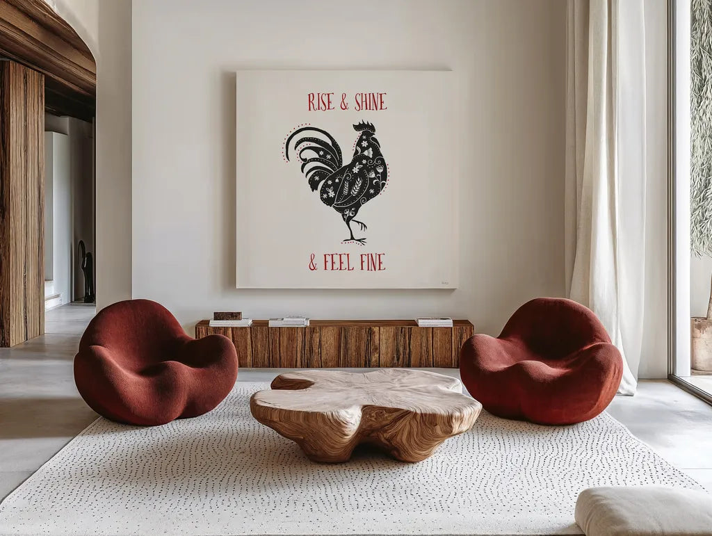 Otomi Farm IV by Veronique Charron. Shown as extra-large giant wall art in a modern living room. Available as an archival giclee rolled canvas, fine art paper, or poster print. SKU 42383a.