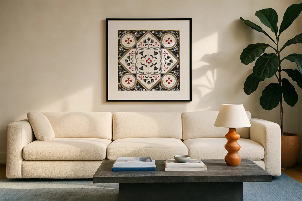 Otomi Farm XIII by Veronique Charron. Displayed in a glass frame with matte in a clean modern living room. Available as an archival giclee rolled canvas, fine art paper, or poster print. SKU 42392a.